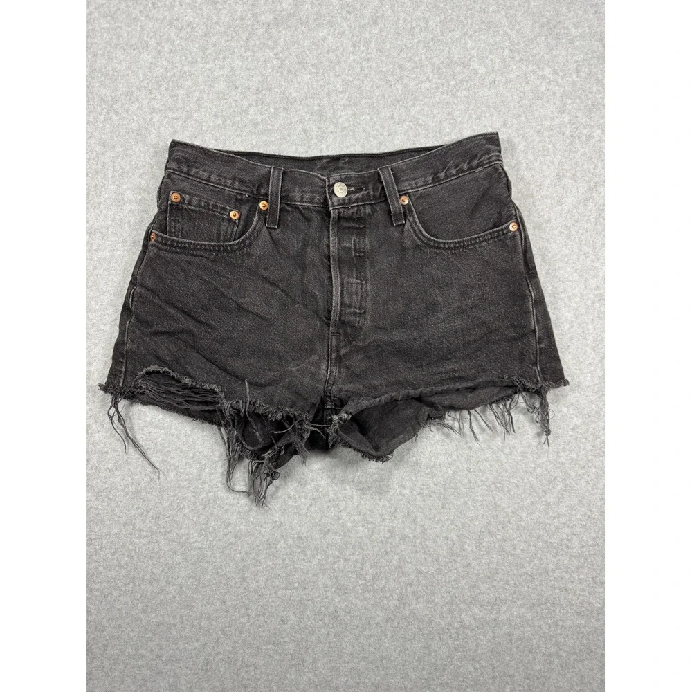 Levis 501 Womens High Waisted Denim Shorts Black Cut Off Distressed Button Fly